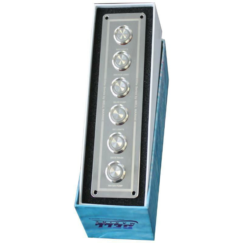 Elite Series Slimline Marine 6 Gang With Stainless Steel On/Off Switches Blue LED (Inline) (Vertical Wording)